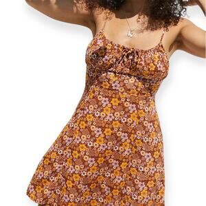 Urban Outfitters Kamaryn Printed Mini Dress Brown Floral Boho 70s Sz Medium